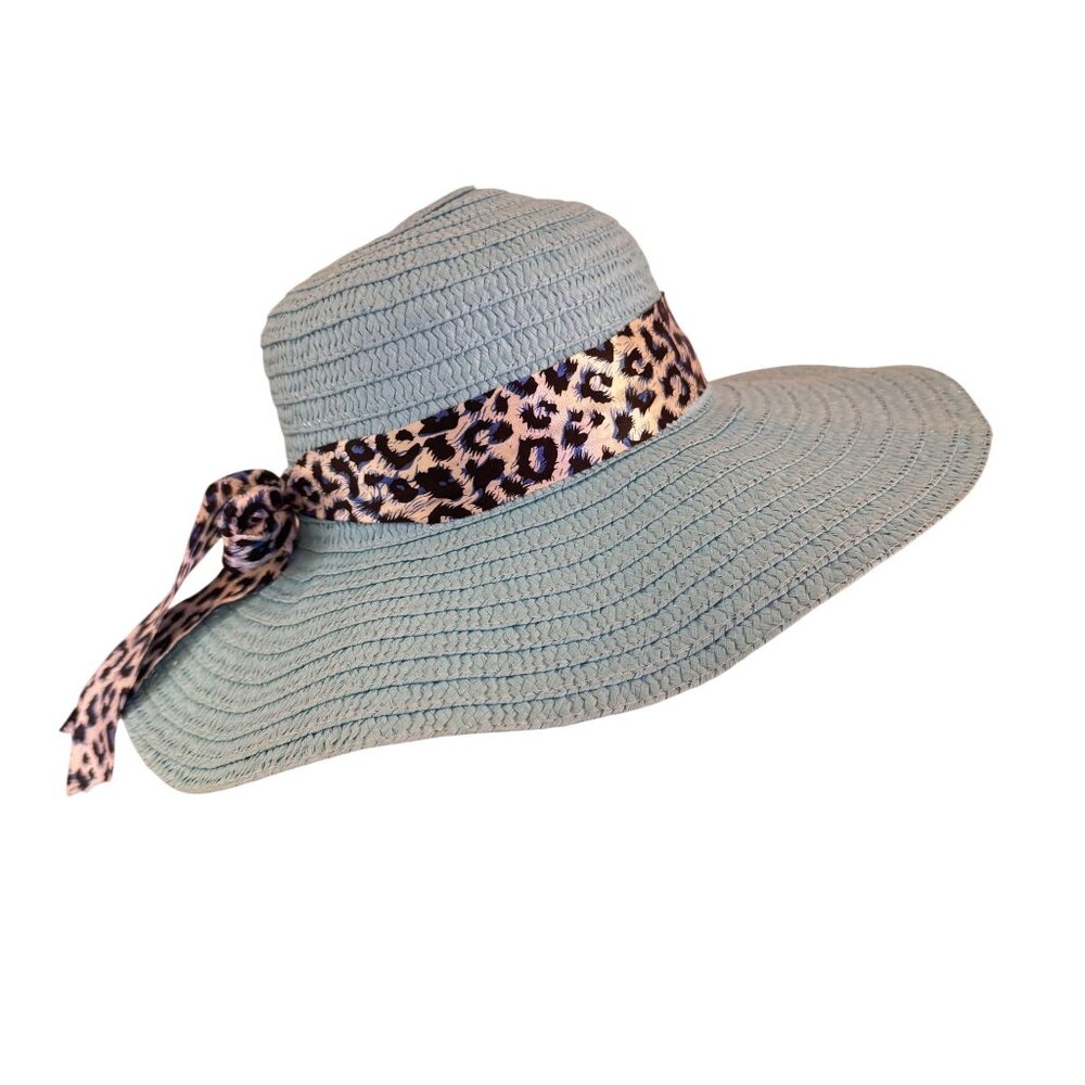 Womens Unbranded Light Blue Animal Print Tie Ribbon Synthetic Wide Straw Hat - Picture 3 of 8